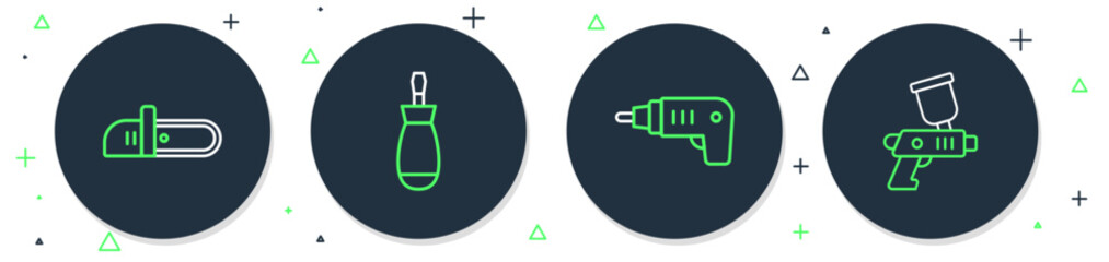 Fototapeta premium Set line Screwdriver, Electric cordless screwdriver, Chainsaw and Paint spray gun icon. Vector