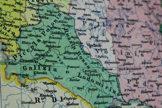 Eastern Europe vintage map showing "Galizia e Lodomiria" and "Russia Rossa." Rare historical cartography from the late 19th century, featuring aged paper and antique political borders, italian lenguag