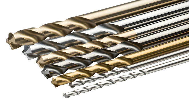 Set of various sized metal drill bits for drilling holes in wood metal or plastic materials isolated on transparent background