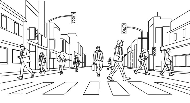 pedestrians walking city street line art illustration of people crossing a busy urban crosswalk perfect for design and editorial use.