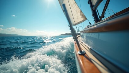 Sailboat cuts through blue ocean waves under bright sunny sky. White sails fill with wind as yacht speeds along the water creating white foam.