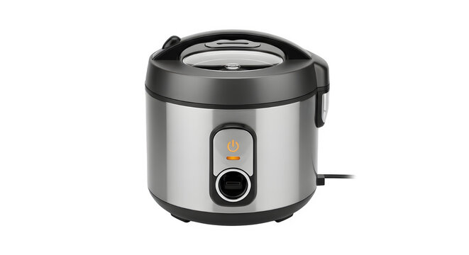 Modern stainless steel electric rice cooker appliance with digital control panel isolated on transparent background