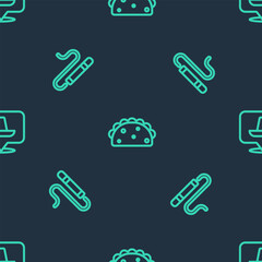 Set line Taco with tortilla, Cigar and Mexican sombrero on seamless pattern. Vector