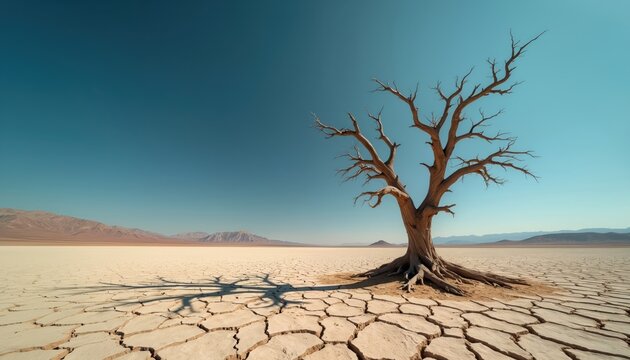 Lone dead tree stands on cracked dry earth under clear blue sky. Barren desert landscape stretches to distant mountains. Stark beauty of desolation emphasizes time passage and survival.