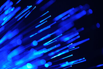 Fiber optical network cable in blue light. close up macro.