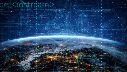 A breathtaking view of Earth from above, showcasing city lights at night intertwined with digital coding elements, presenting a blend of nature and technology. Xenic