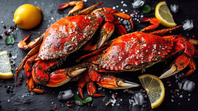 Freshly cooked seasoned crabs with lemon and herbs on black surface.