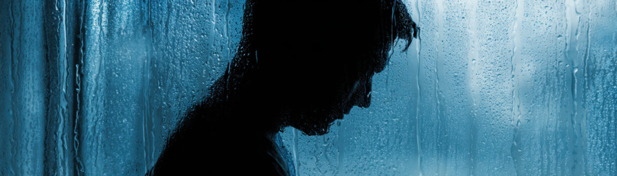 Silhouette man rain window sadness depression loneliness crisis economic poverty inflation wet glass reflection blue dark profile adult male