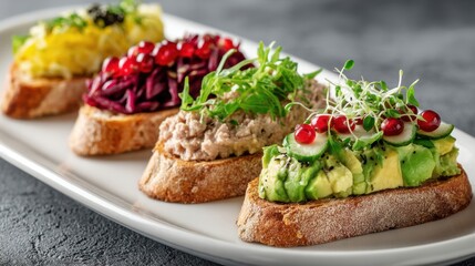Gourmet assorted bruschetta with fresh toppings on a slate background.