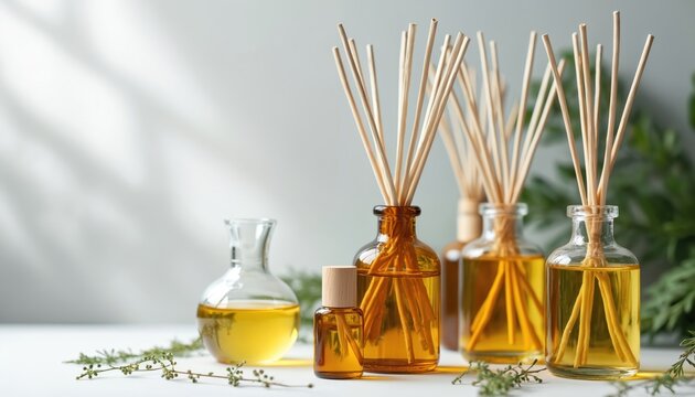 Glass bottles with essential oils and diffuser reeds release pleasant aromas. Home decor items create peaceful ambiance. Fragrance diffusers used for relaxation and wellness.