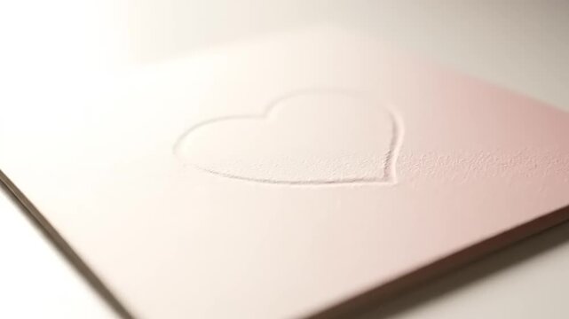 Close-up of a square pink card embossed with a heart symbol, symbolizing love, greeting, gift, romance, friendship, and Valentine's Day.