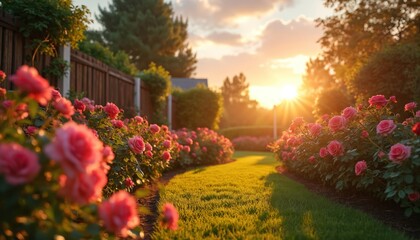Fototapeta premium Rose bushes line a garden path at sunset. Golden sunlight filters through trees onto green grass. Blooming pink flowers add beauty to the quiet outdoor scene.