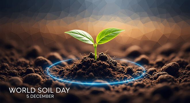 Fragile seedling sprouting from rich soil celebrating world soil day and new life
