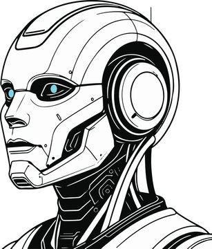Futuristic robot head illustration with bold black thick outline, minimal NFT inspired tech concept, flat vector style, strong contour lines 3