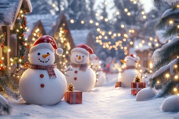 Obraz premium 3D animation, whimsical snowmen prepare for Christmas, scenic village, twirling vines with fairy lights, pine trees covered in snow