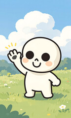 Obraz premium smiling cartoon skull colorful facial expressions waves enthusiastically bright sunny landscape fluffy white clouds