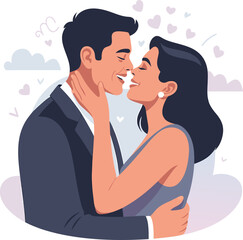 Fototapeta premium A loving couple embraces and kisses surrounded by floating hearts depicting romance and affection