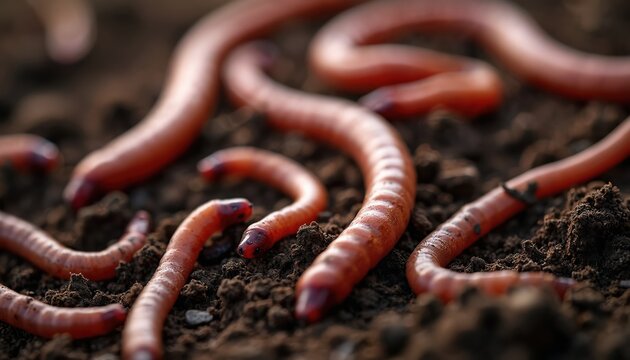 Red earthworms wriggle through dark brown soil. Macro view shows many annelids in fertile ground. Useful for agriculture and garden concepts. Useful for biology themes.