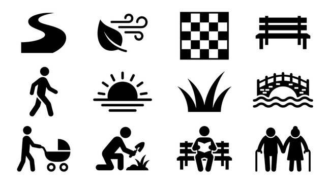 A collection of black and white symbols representing common park activities including walking with strollers gardening sitting on benches and enjoying nature in public spaces