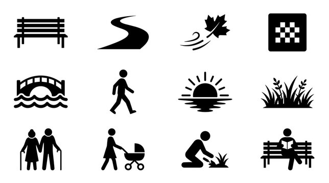 A collection of black and white icons representing public park activities including walking gardening reading on a bench and enjoying nature scenes like sunsets