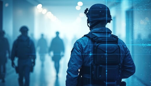 A soldier in tactical gear walks down a hallway with other figures blurred in the background. Futuristic blue digital overlay connects to the uniform. Security forces during urban operation planning.