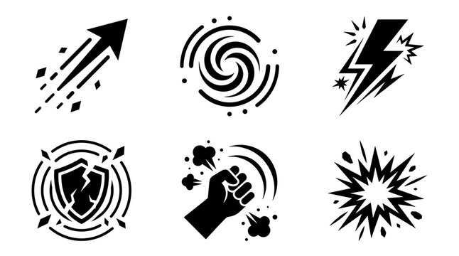 Collection of black and white graphic symbols representing power speed defense and attack for video game interface design including lightning bolts and broken shields