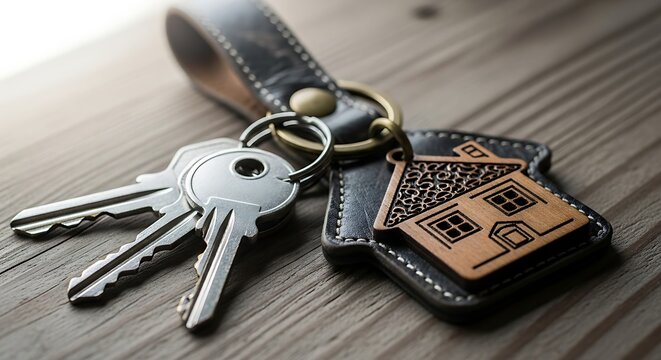 House key on leather keychain with metal keys on wooden table