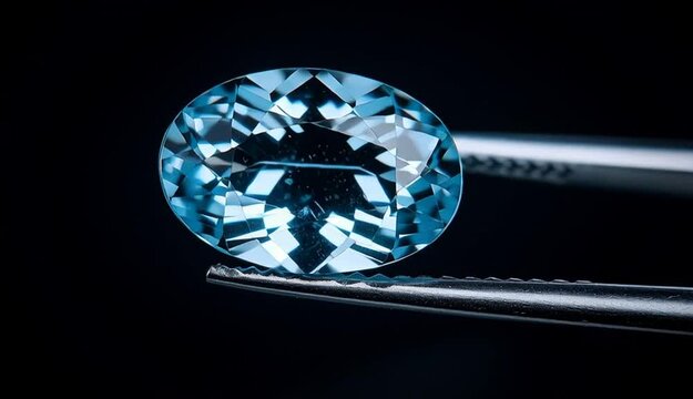 faceted aquamarine gemstone held by precision tweezers, light blue transparent crystal with natural inclusions visible inside, cushion cut or oval shape, dark black background