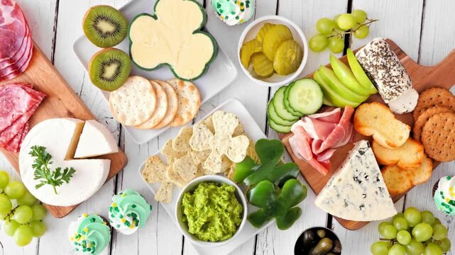 St Patricks Day theme charcuterie table scene against a white wood background. Slow rotating motion. Assorted cheese, meat, fruit and vegetable appetizers. Overhead view.