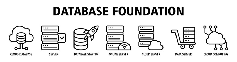 Database Foundation web banner icon vector illustration concept with icons of cloud database, server infrastructure, database startup, online server, cloud server, data server, and cloud computing.