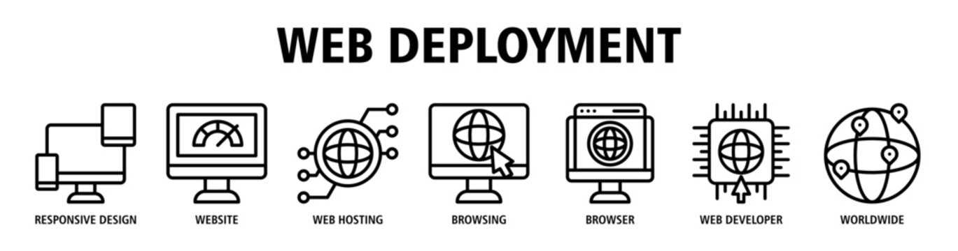Web Deployment web banner icon vector illustration concept with icons of responsive design, website development, web hosting, browsing activity, browser interface, web developer tools, and more.