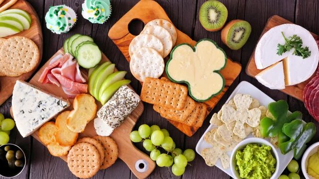 St Patricks Day theme charcuterie table scene against a wood background. Slow rotating motion. Selection of cheese, meat, fruit and vegetable appetizers. Above view.