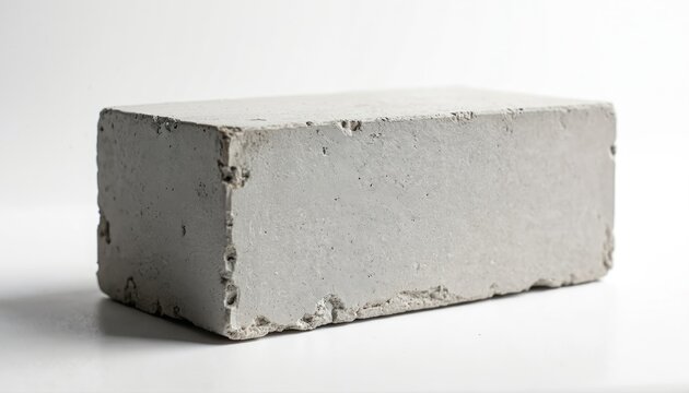 Rectangular grey concrete block shown in close-up isolated on a clean white background surface. Rough texture with minor imperfections marks the sturdy building material.