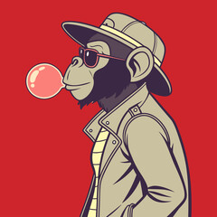 Cool Monkey Blowing Bubble Gum Cartoon Illustration Art