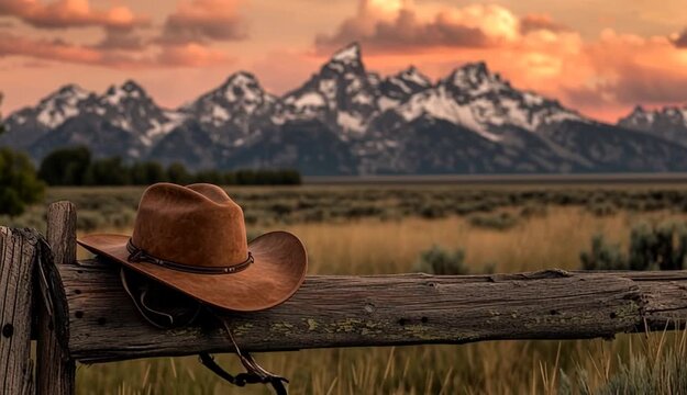 brown leather cowboy hat resting on western saddle on wooden fence rail, majestic snow-capped mountain range in background, dramatic sunset sky with orange and golden clouds