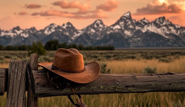 brown leather cowboy hat resting on western saddle on wooden fence rail, majestic snow-capped mountain range in background, dramatic sunset sky with orange and golden clouds