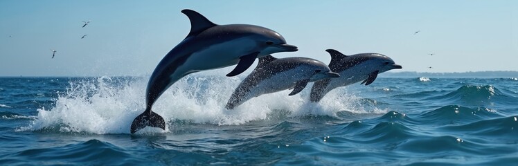 Obraz premium Three Atlantic spotted dolphins leap from blue ocean waves under clear sky with flying seagulls. Pod of marine mammals swim and play in sea splash during sunny day. Wildlife in natural habitat.