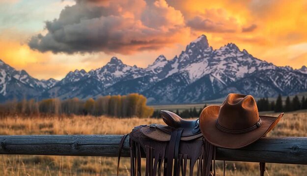 brown leather cowboy hat resting on western saddle on wooden fence rail, majestic snow-capped mountain range in background, dramatic sunset sky with orange and golden clouds