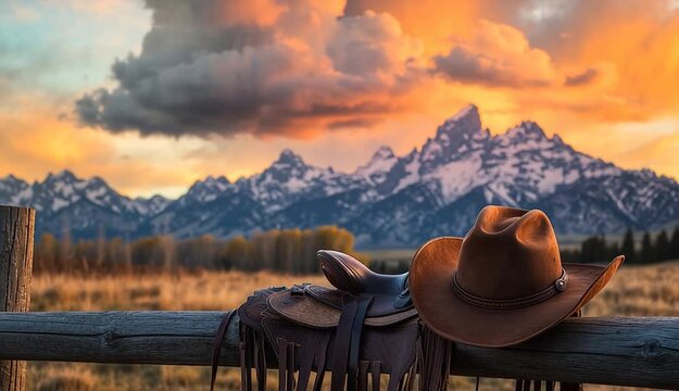 brown leather cowboy hat resting on western saddle on wooden fence rail, majestic snow-capped mountain range in background, dramatic sunset sky with orange and golden clouds