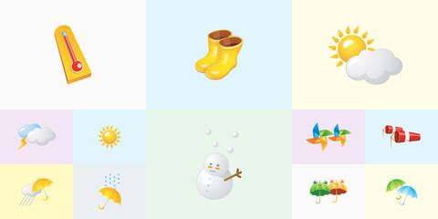 Collection of weather and seasonal forecast icons including yellow rain boots thermometer snowman sun with clouds lightning bolt windsock and colorful umbrellas