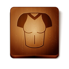 Brown T-shirt icon isolated on white background. Wooden square button. Vector