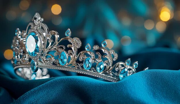 ornate silver tiara crown with large turquoise blue gemstones, intricate scrollwork filigree design, center oval aquamarine stone, side teardrop blue crystals, marquise-cut clear diamonds