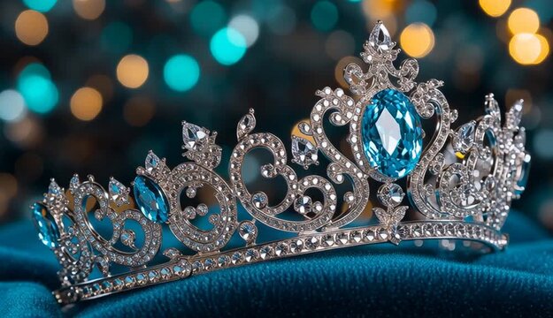 ornate silver tiara crown with large turquoise blue gemstones, intricate scrollwork filigree design, center oval aquamarine stone, side teardrop blue crystals, marquise-cut clear diamonds