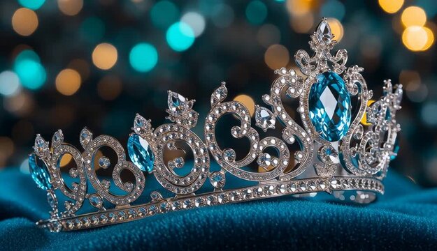 ornate silver tiara crown with large turquoise blue gemstones, intricate scrollwork filigree design, center oval aquamarine stone, side teardrop blue crystals, marquise-cut clear diamonds