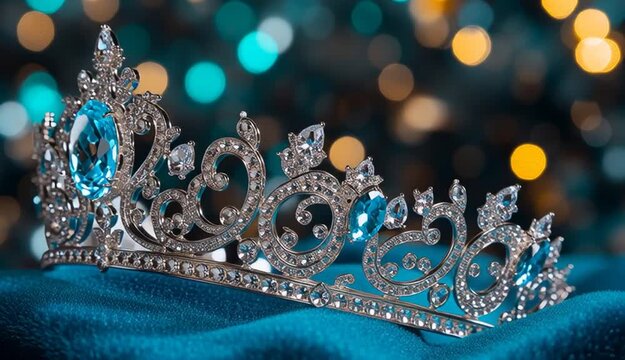 ornate silver tiara crown with large turquoise blue gemstones, intricate scrollwork filigree design, center oval aquamarine stone, side teardrop blue crystals, marquise-cut clear diamonds
