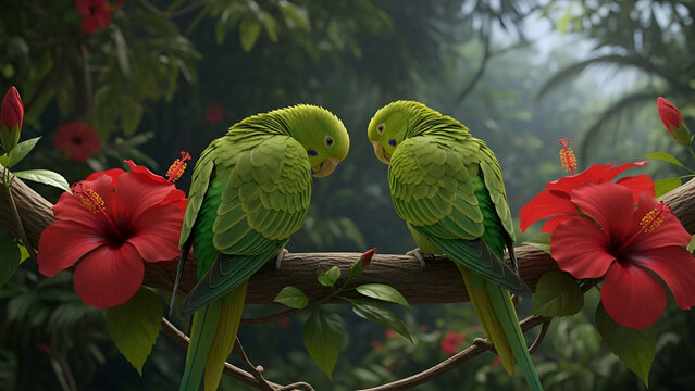 Two vibrant green parakeets preen on a branch with red hibiscus in a tropical jungle, captured in a photorealistic, intimate close-up. Ideal for nature, wellness, travel, spring/summer marketing,