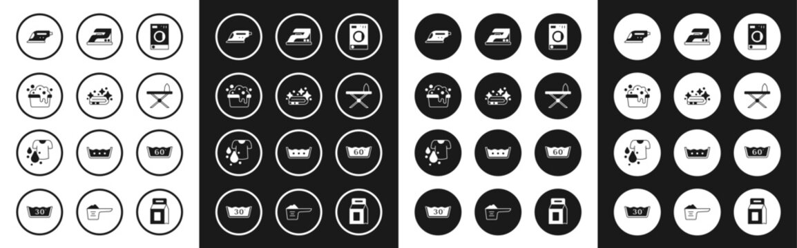 Set Washer, Towel stack, Basin with soap suds, Electric iron, Iron and ironing board, Temperature wash and Dirty t-shirt icon. Vector