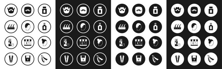 Fototapeta premium Set Aftershave, Hairstyle for men, Human hair follicle, Mustache and beard, Bottle of shampoo, Barbershop, and Shaving gel foam icon. Vector