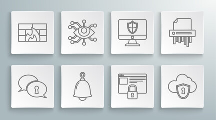 Fototapeta premium Set line Protection of personal data, Eye scan, Ringing bell, Secure your site with HTTPS, SSL, Cloud and shield, Computer monitor, Paper shredder confidential and Firewall, security wall icon. Vector