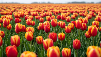 Vibrant, eye-level wide shot of multi-colored tulips swaying in unison, illuminated by sun on a clear spring day. Ideal for Mother's Day cards, Easter promotions, nature-themed designs,